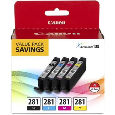 Canon (CLI-281) Four Color Ink Cartridge Value Pack PIXMA TR7520, TR8520, TS8120, TS9120 (Includes K